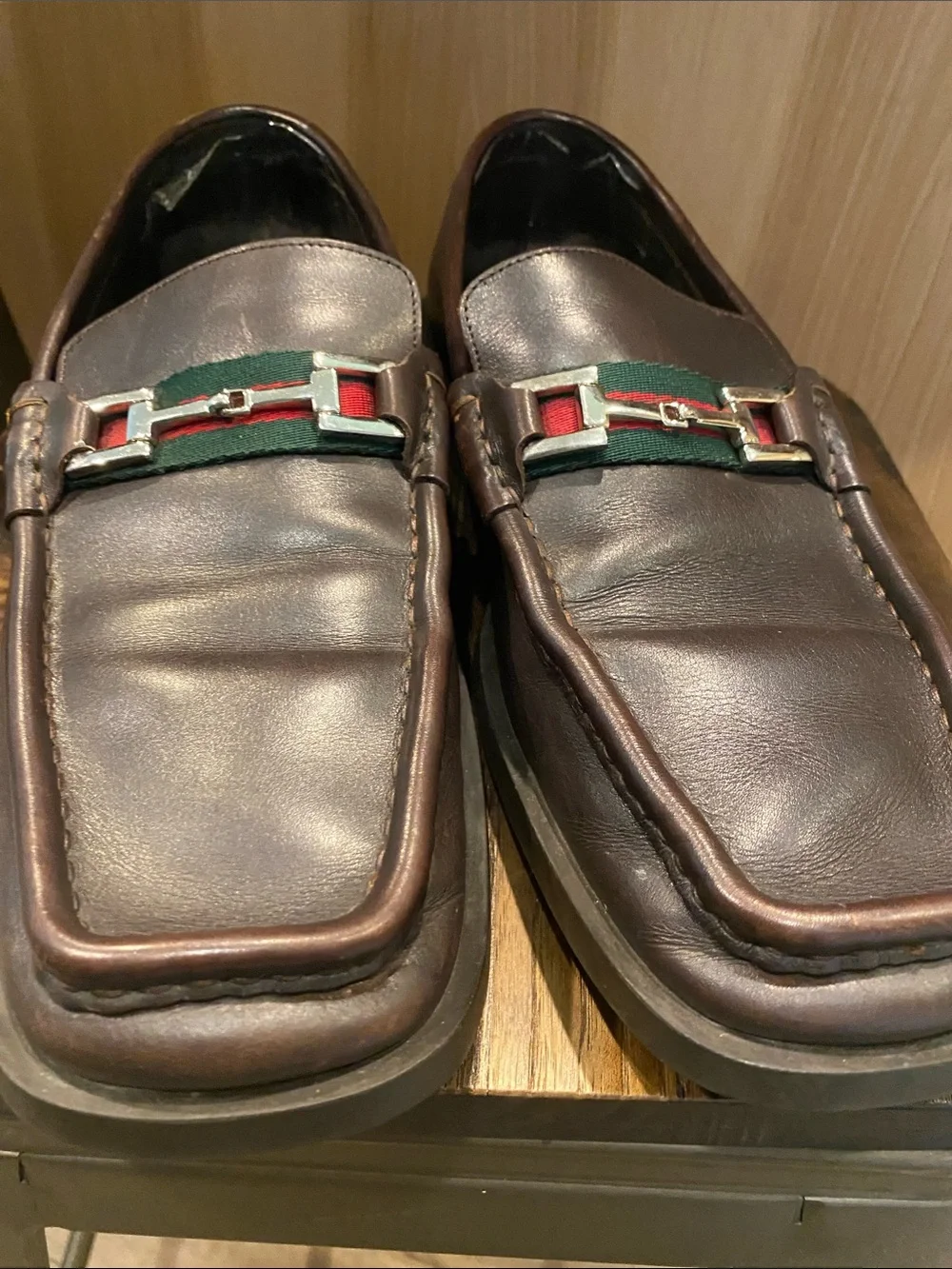 Gucci Brown Leather Loafers with Green-Red Web and Silver Bit
